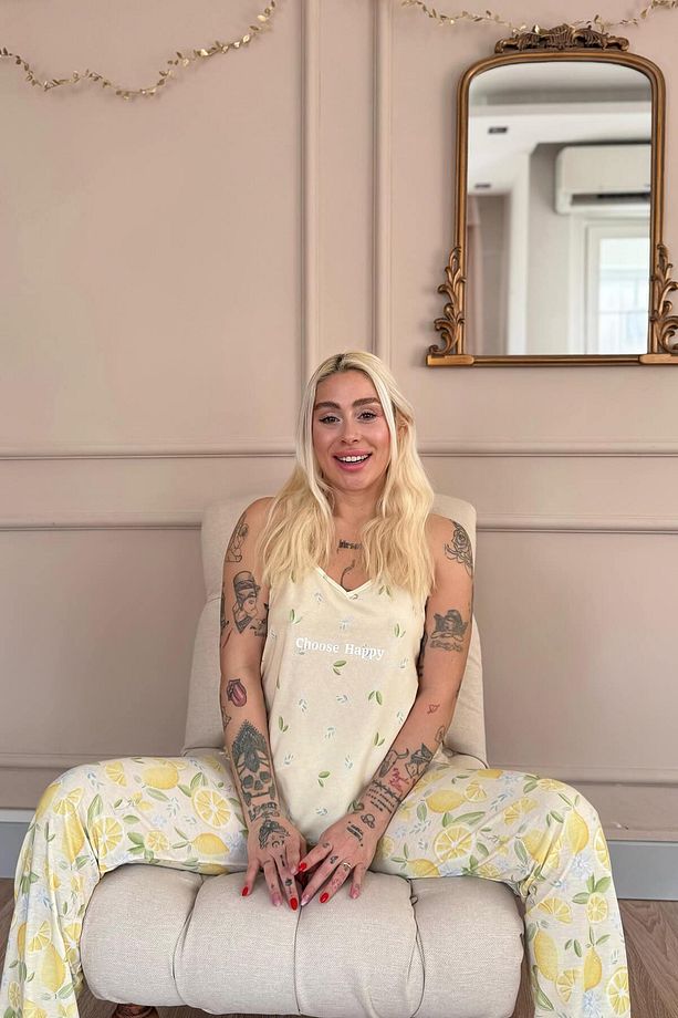 Choose Happy Baskılı Ip Askılı Örme Kadın Pijama Takımı - 4