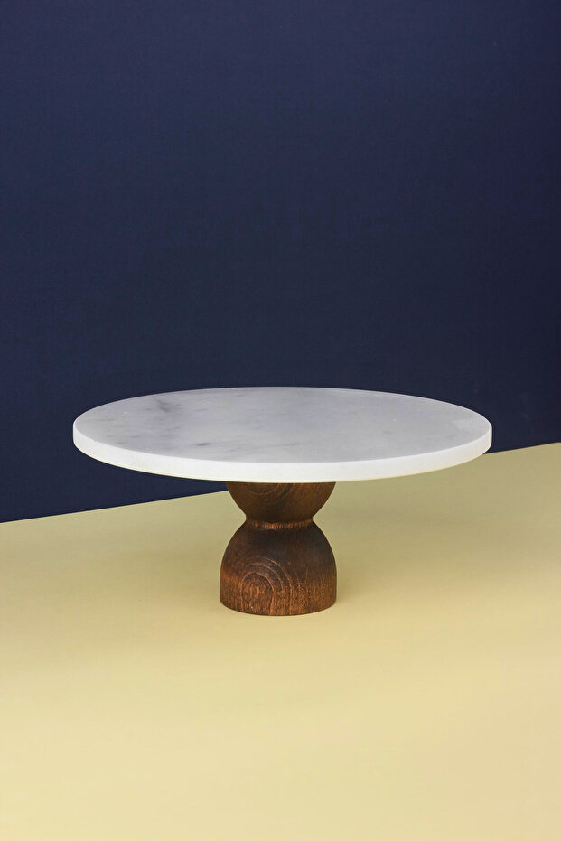 Natural Marble Round Cake and Cake Stand with Wooden Legs, Decorative Marble Presentation Stand and Serving Stand