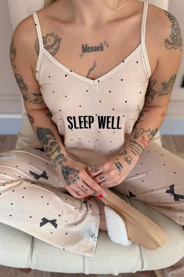 Bej Sleep Well Baskılı Ip Askılı Örme Kadın Pijama Takımı - 6