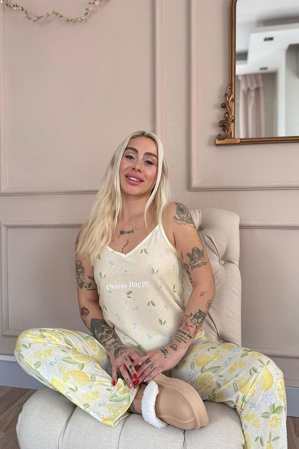 Choose Happy Baskılı Ip Askılı Örme Kadın Pijama Takımı - 3