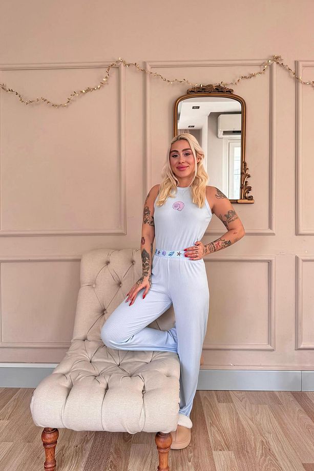 Mavi Marin Desenli Örme Sıfır Kol Kadın Pijama Takımı - 6