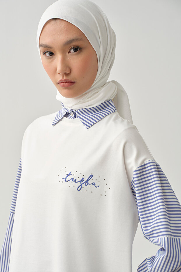 Çizgi Garnili Sweat - Ekru - 4