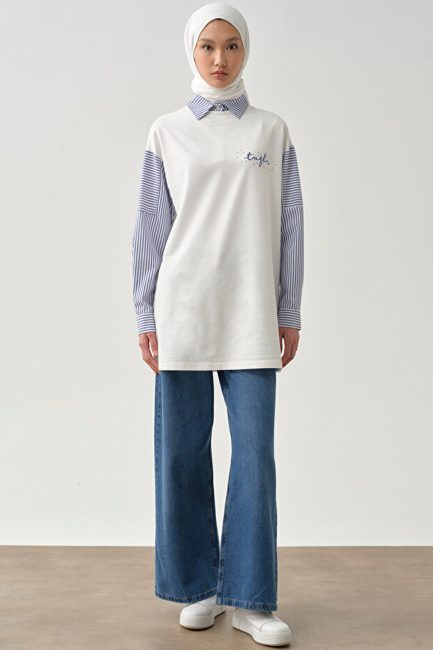 Çizgi Garnili Sweat - Ekru - 3