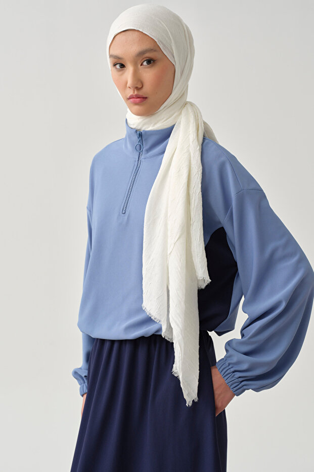 Lastikli Crop Sweat - Mavi - 3