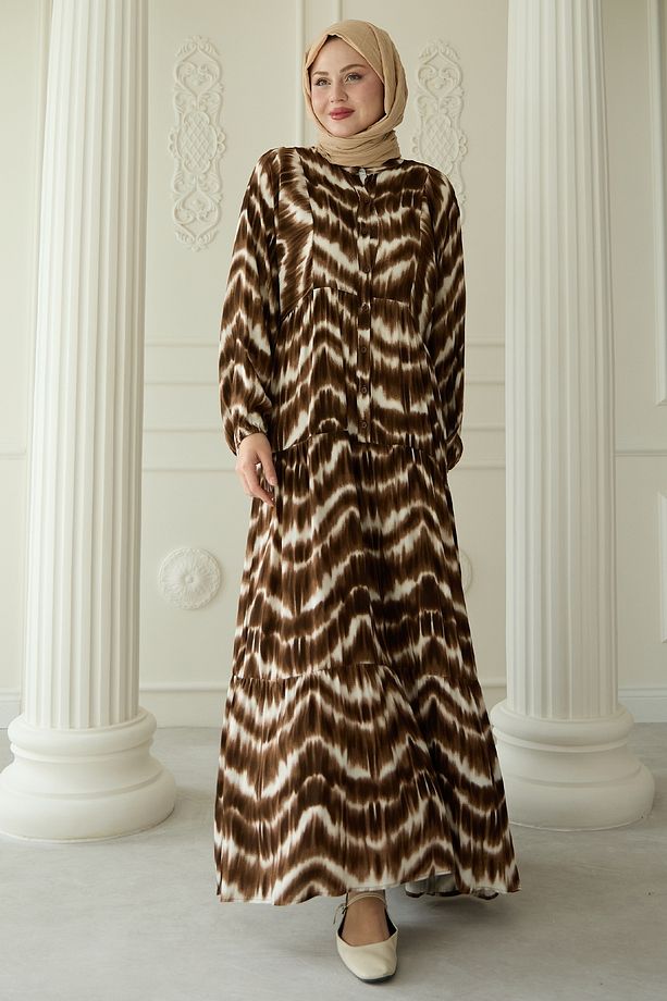 Batik Desenli Viskon Taba Elbise - 1