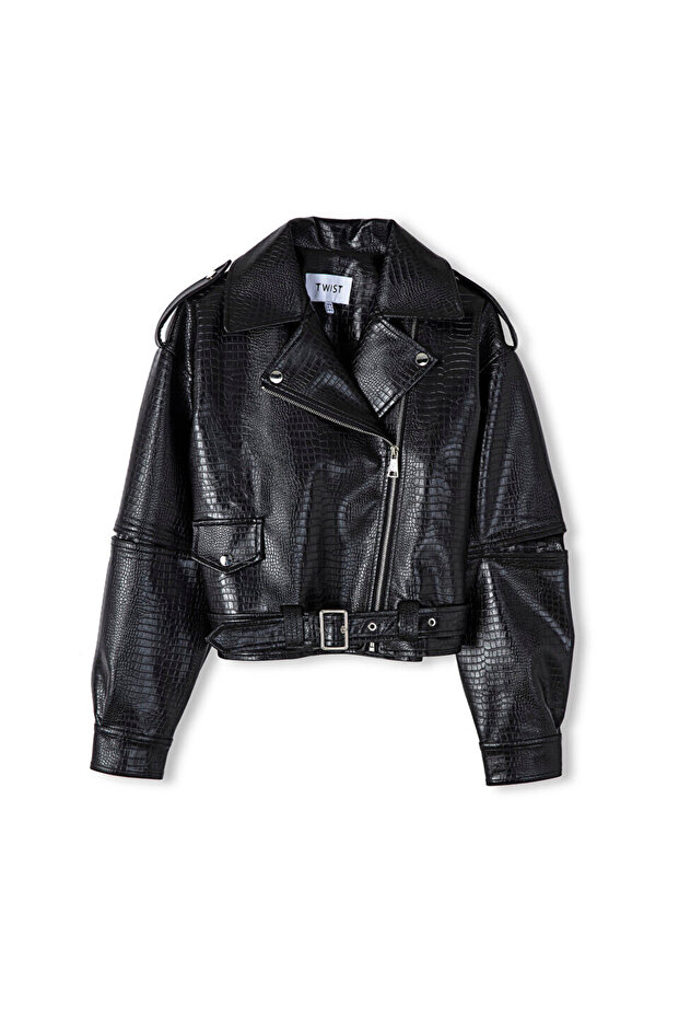 معطف راكب الدراجة النارية بنقشة التمساح - 3