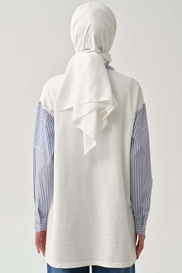 Çizgi Garnili Sweat - Ekru - 7