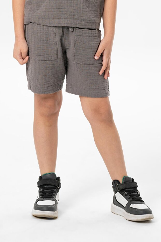 Western Pocket Detailed Summer Muslin Boy Shorts Gray Gray