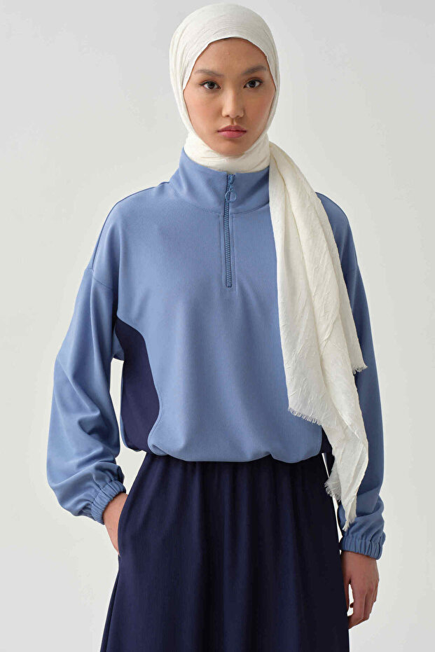 Lastikli Crop Sweat - Mavi - 1