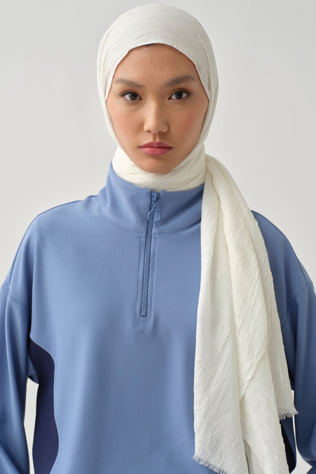 Lastikli Crop Sweat - Mavi - 4