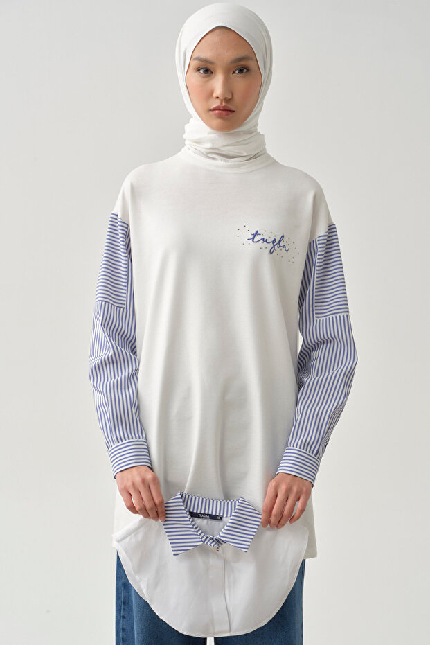 Çizgi Garnili Sweat - Ekru - 5