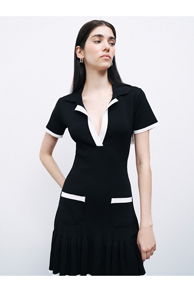 Pileli Mini Triko Elbise - 5