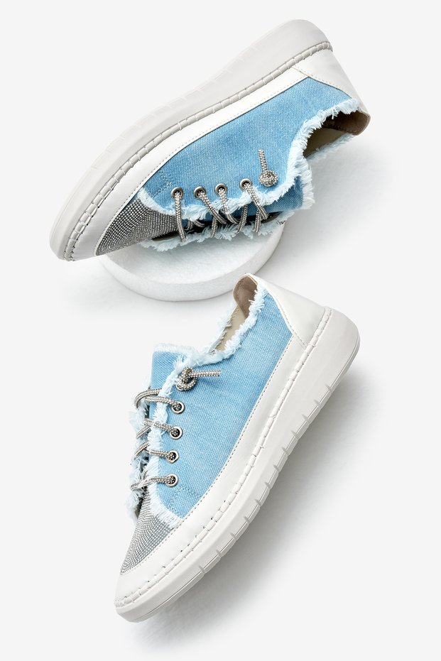 Women's Baby Blue Poly Sole Denim Fabric Stone Lace-Up Sports Shoes