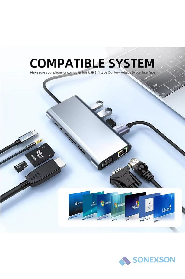 11 In 1 Type-c To Usb Hub Port Uyumlu Adaptör Hdmı 4x Usb Lan Vga Sd Card Çevirici Çoklayıcı - 6