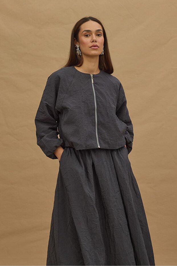 Kraşlı Bomber Skirt Set Anthracite