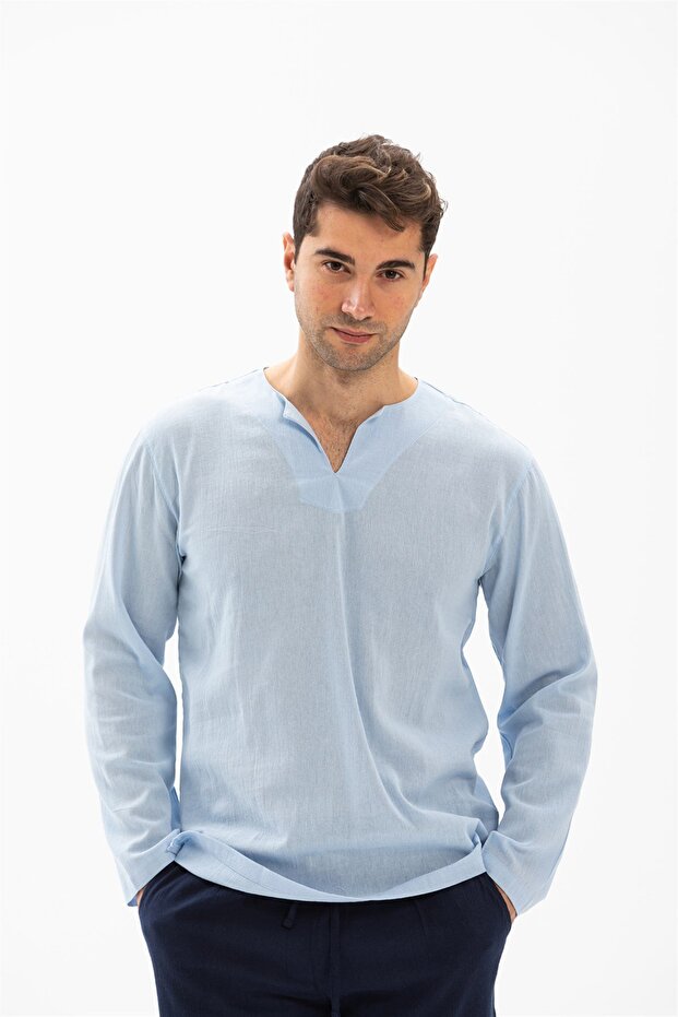 Long Sleeve Şile Cloth Crew Neck Men's Summer Tshirt Ice Blue 3027