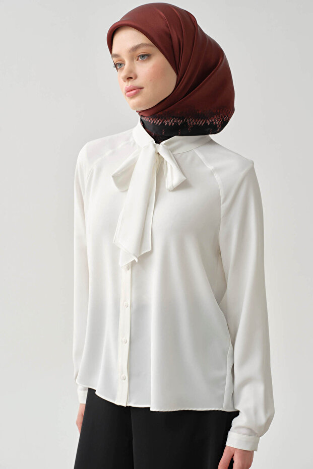 Fular Yaka Gömlek - Ekru - 3