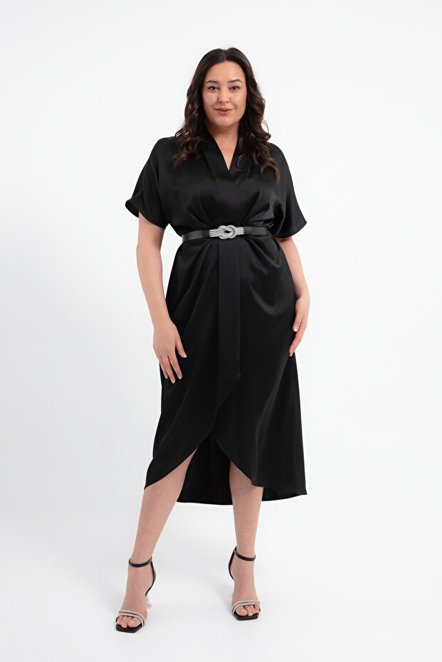 Women's Black V-Neck Stones Belted Plus Size Midi Dress