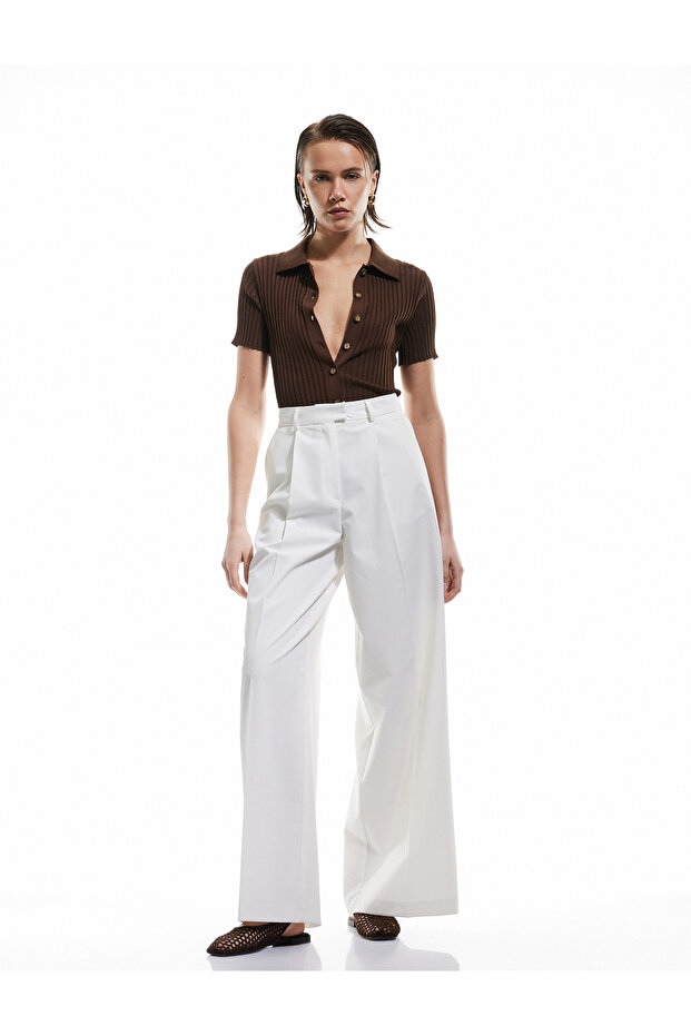 Regular Fit Pile Detailed High Waist Palazzo Trousers
