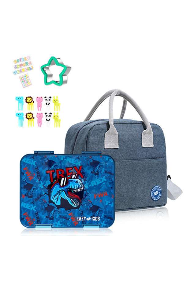 Eazy Kids 6 & 4 Convertible Bento Lunch Box with Lunch Bag and Sandwich Cutter Set - TREX Blue