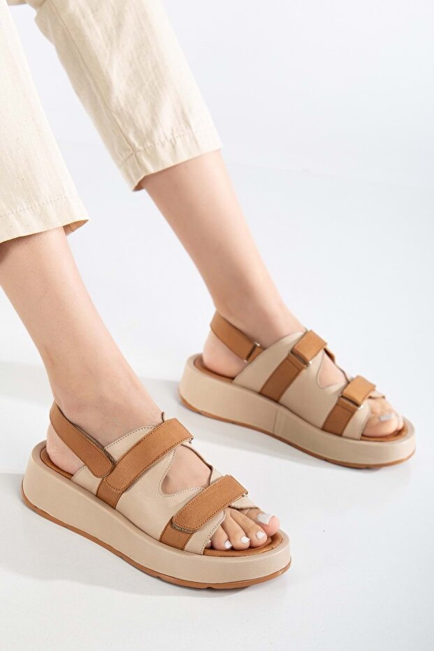 Women's Genuine Leather Velcro Thick Sole Sandals - Beige