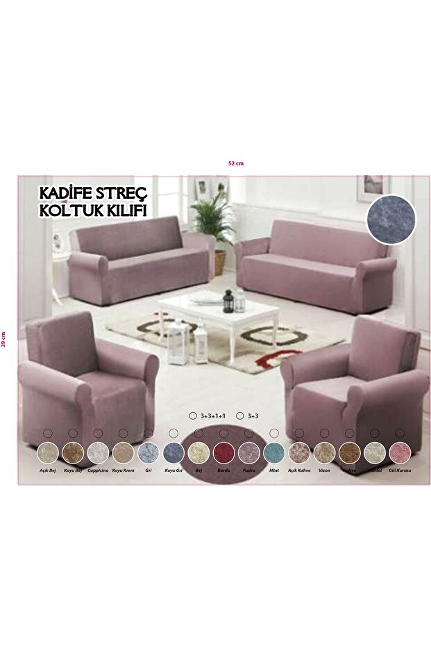 Kadife Koltuk Örtüsü Maxi Takım (3+3+1+1)-gül Kurusu - 1