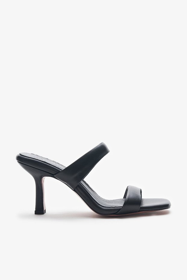 Valira Black Genuine Leather Women's Heeled Slippers