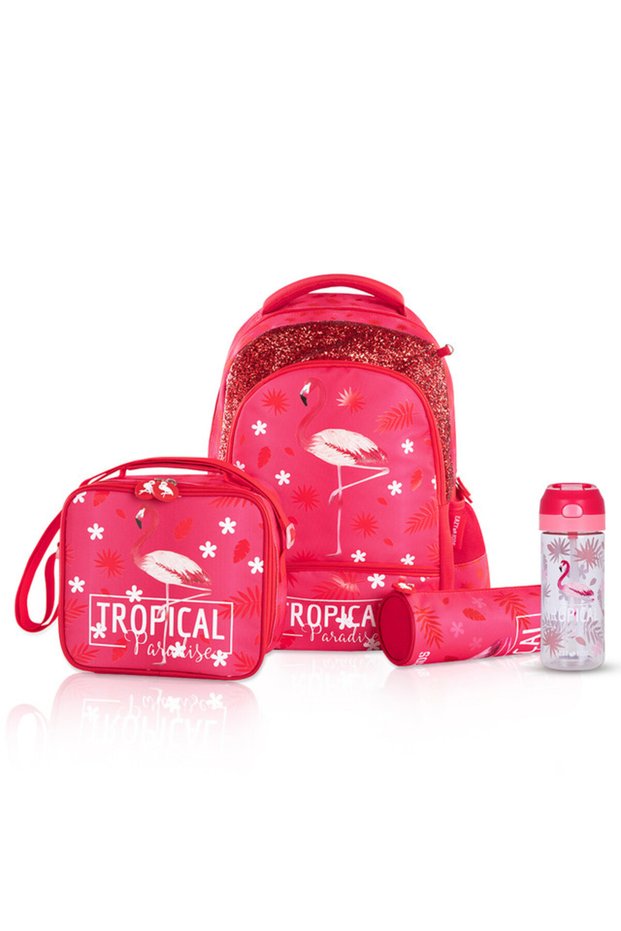 17Inch Set of 4 School Bag wt Water Bottle, Lunch Bag and Pencil Case - Tropical Pink