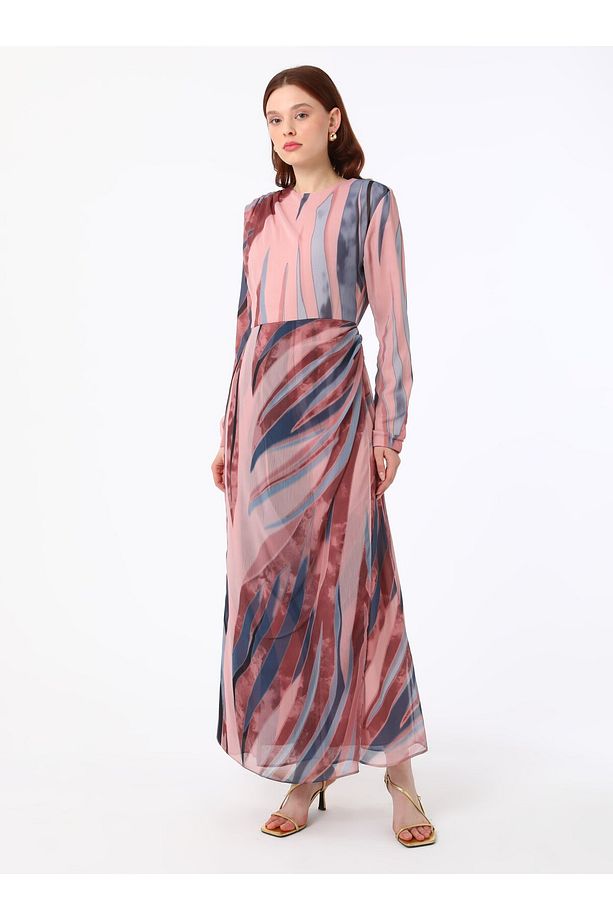 Drape Detaylı Pembe Zebra Desenli Tesettür Elbise- Refka - 1