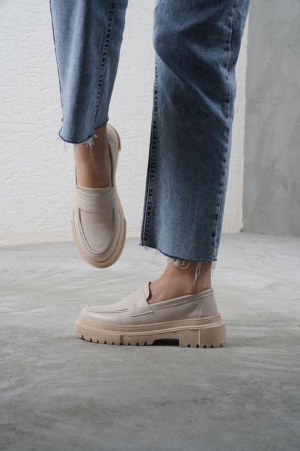 Kadın Bej Deri Düz Kalın Taban Loafer Makosen Ayakkabı 4,5cm Byndlfrk03 - 1