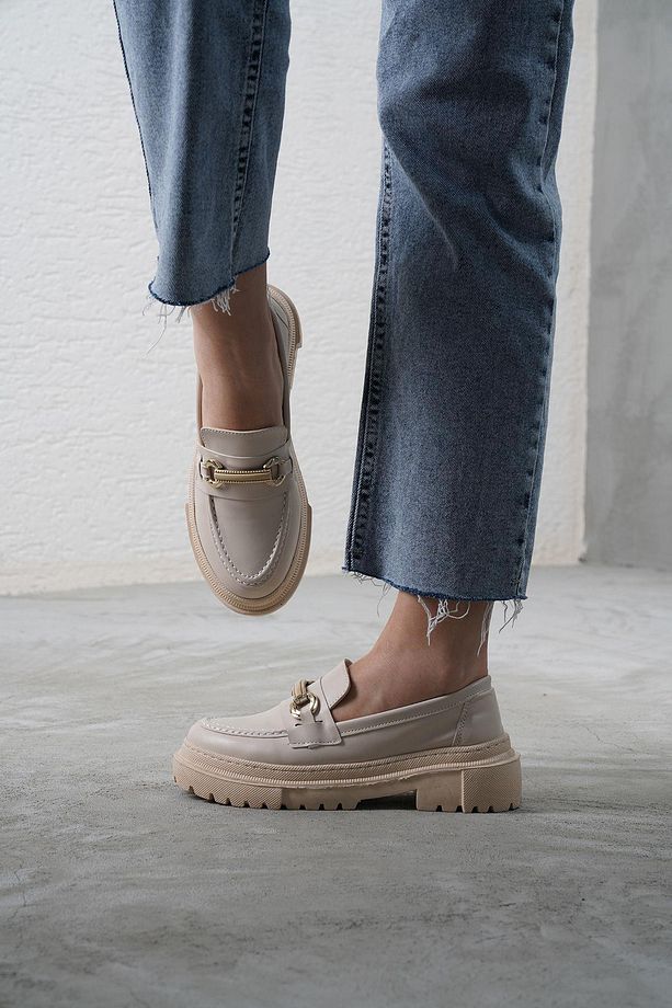 Kadın Bej Deri Bantlı Gc Kalın Taban Loafer Makosen Ayakkabı 4,5cm Byndlfrk02 - 3