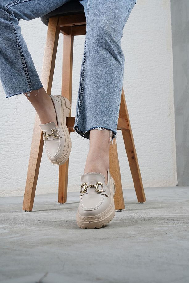 Kadın Bej Deri Gc Tokalı Kalın Taban Loafer Makosen Ayakkabı 4,5cm Byndlfrk02 - 2