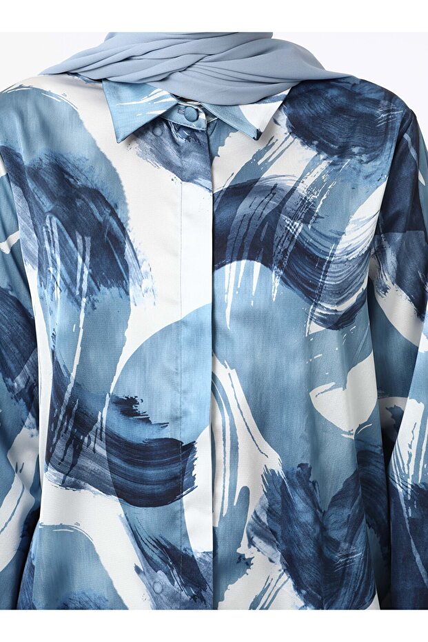 Satin Fabric Abstract Patterned Blue Tunic - Refka - 6