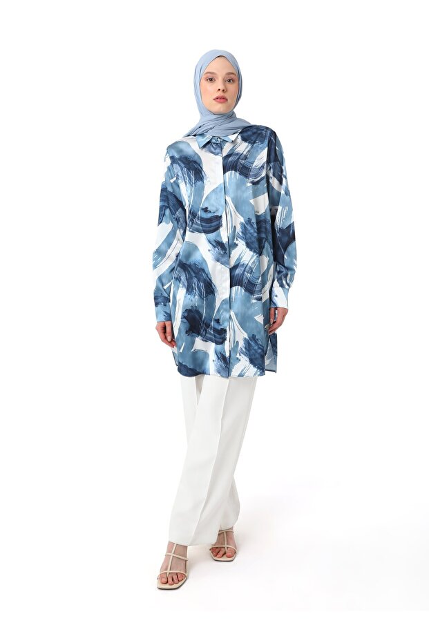 Satin Fabric Abstract Patterned Blue Tunic - Refka - 3