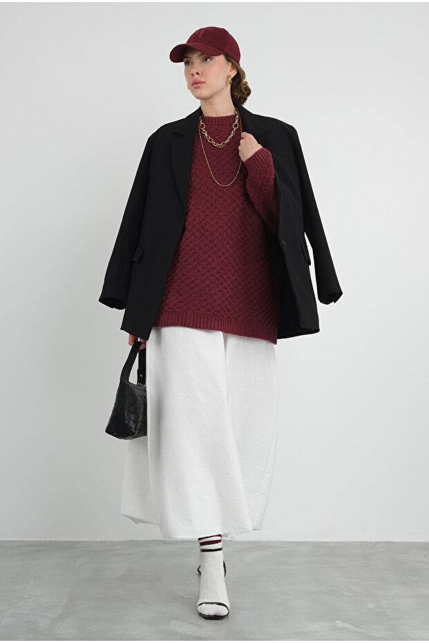 Örümcek Örgülü Kazak Bordo - 9