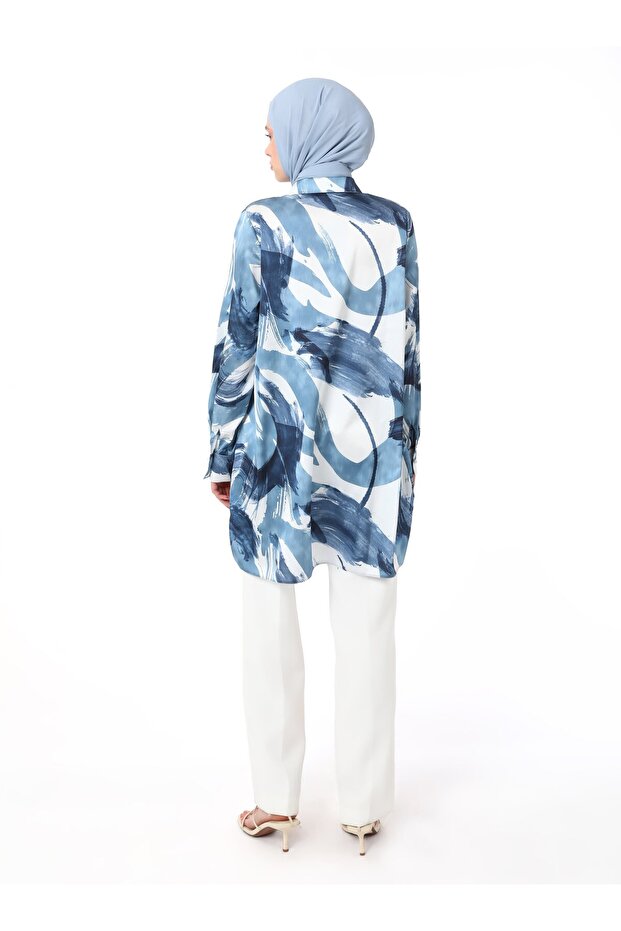 Satin Fabric Abstract Patterned Blue Tunic - Refka - 7