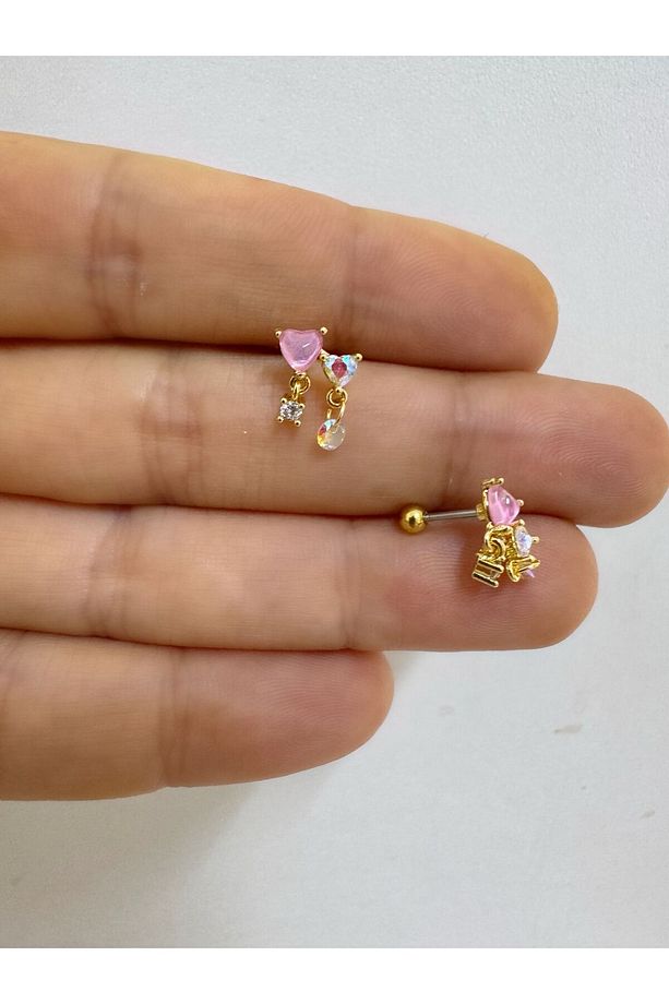 Çelik pembe  kalpli tek taş sallantılı tragus helix conch lobe flat uyumlu 1 adet piercing küpe - 3