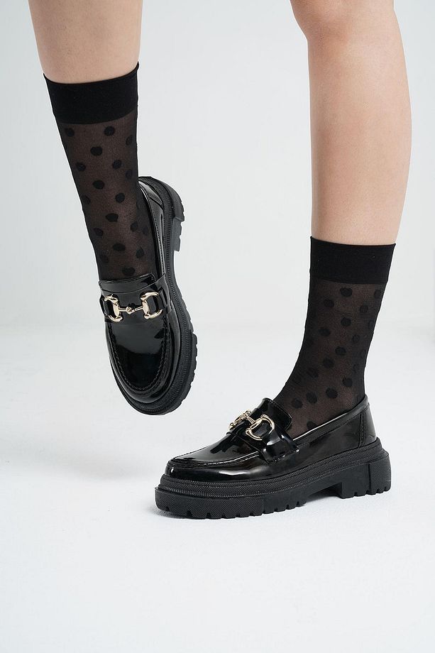 Kadın Siyah Rugan Gc Tokalı Kalın Taban Loafer Makosen Ayakkabı 4,5cm Byndlfrk02 - 3