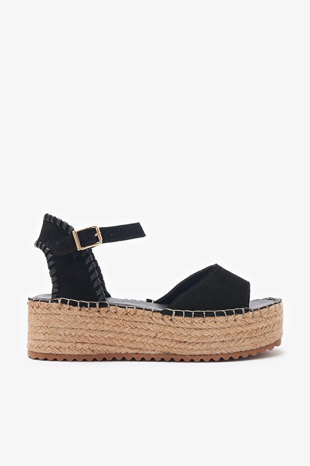 Calas Black Genuine Leather Women's Espadrille Sandals