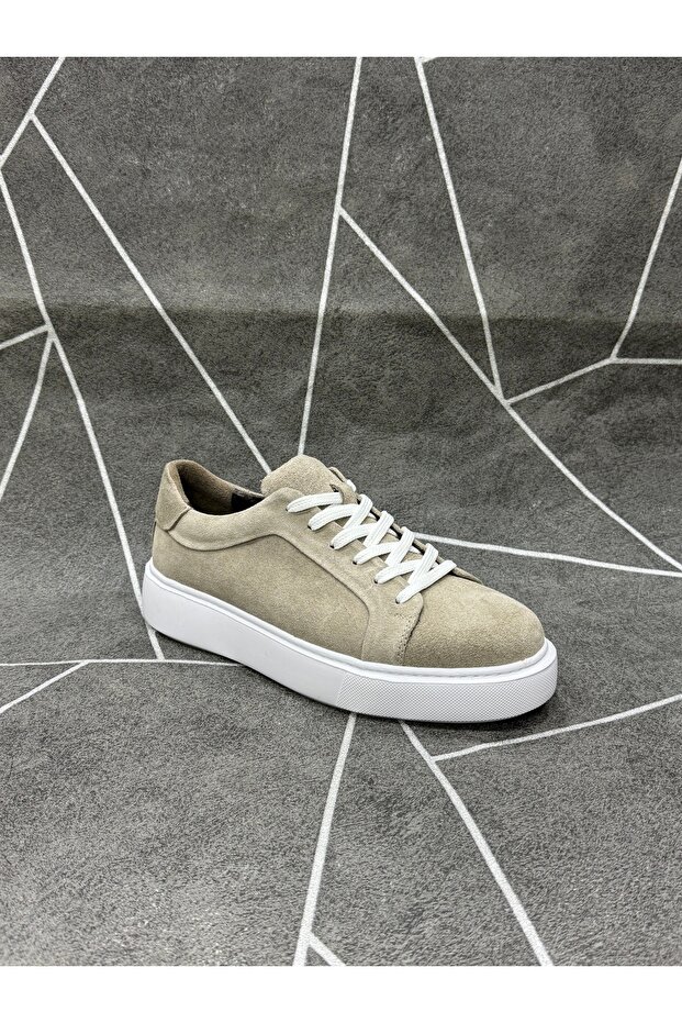 Beige Genuine Suede Leather Lace-Up Casual Sneaker Shoes