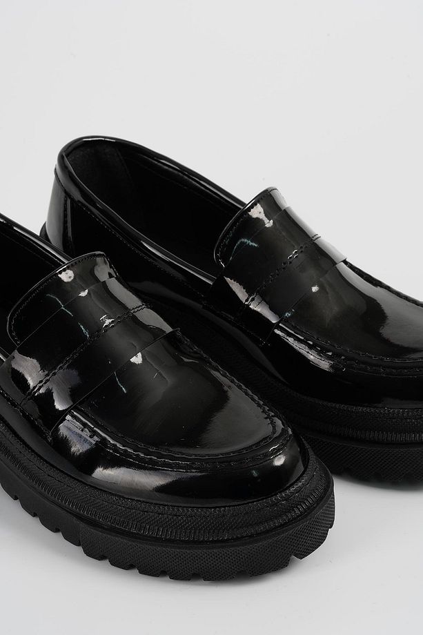 Kadın Siyah Rugan Düz Kalın Taban Loafer Makosen Ayakkabı 4,5cm Byndlfrk02 - 5