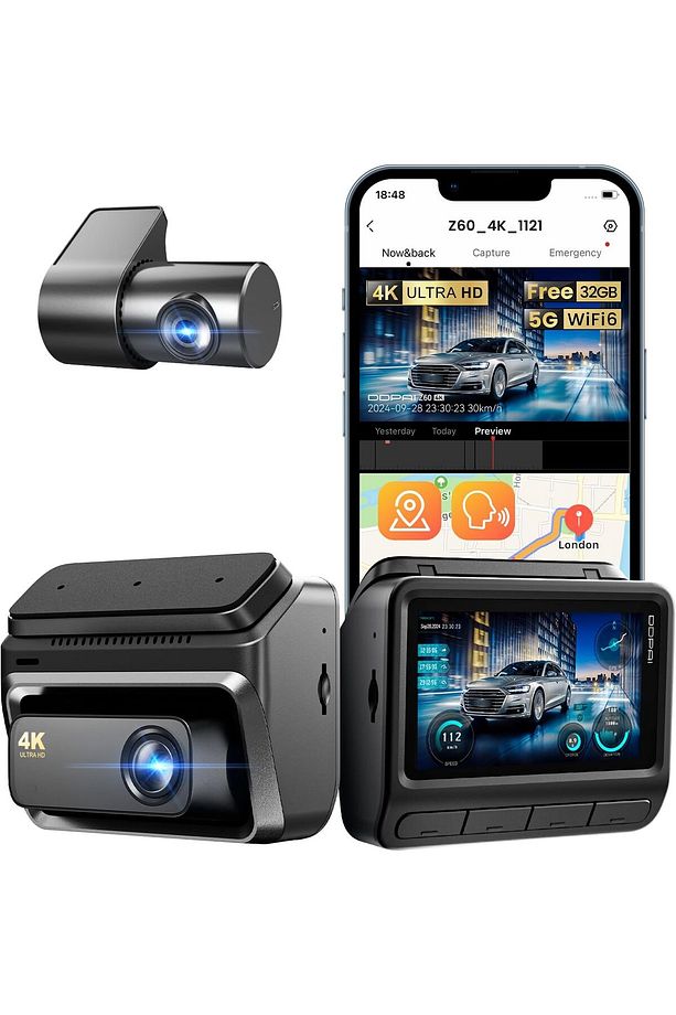 Z60 4K Dash Cam 2160P+1080P Ön ve Arka Kamera, 5GHz WiFi, Gece Görüşü, GPS ve Park İzleme - 1