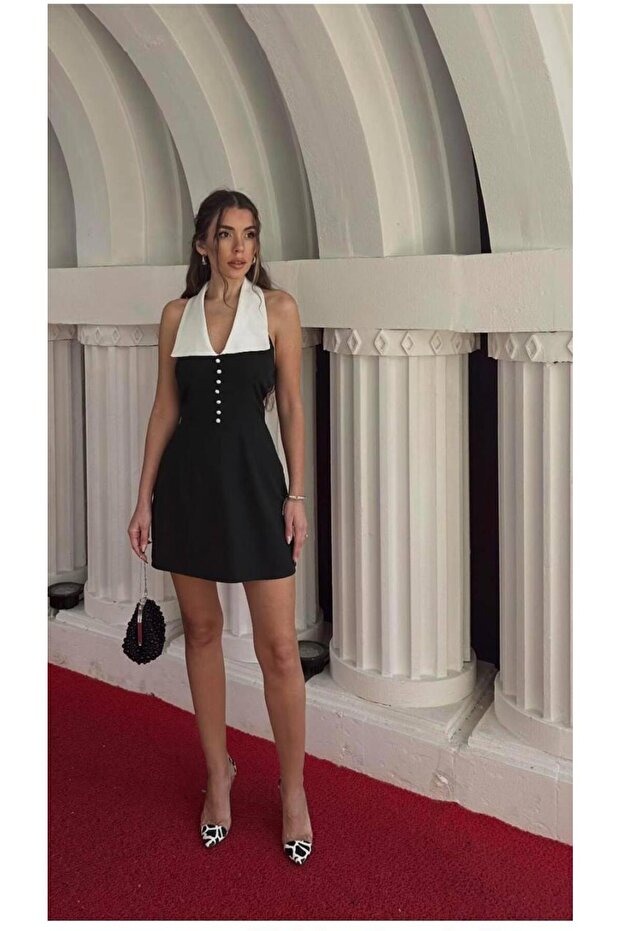 Siyah İnci Detay Mini Elbise - 1