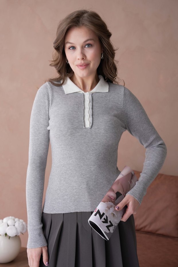 Women's Polo Neck Buttoned Ribbed Premium Quality Knitwear Sweater