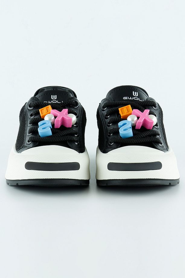 Siyah Yüksek Taban Spor Fileli Harf Detaylı İncili Bağcıklı Platform Sneaker - 2