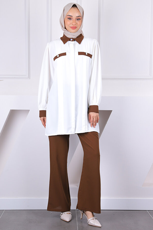 Brown Buttoned Tunic Trousers Suit
