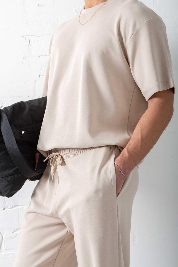 Erkek Oversize Basic Rahat T-Shirt Bej - 1