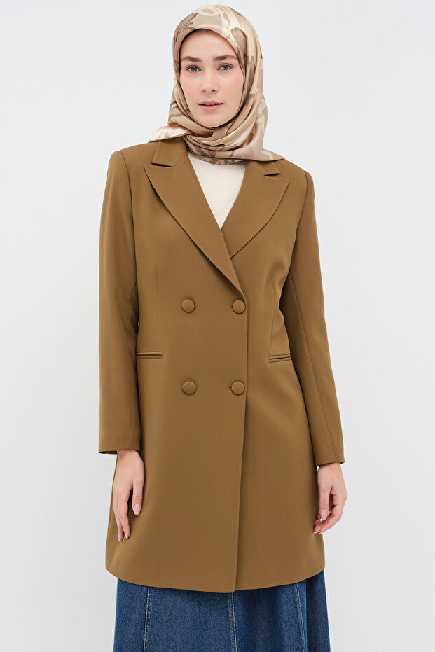 Kruvaze Düğmeli Uzun Basic Ceket - Olive - 3