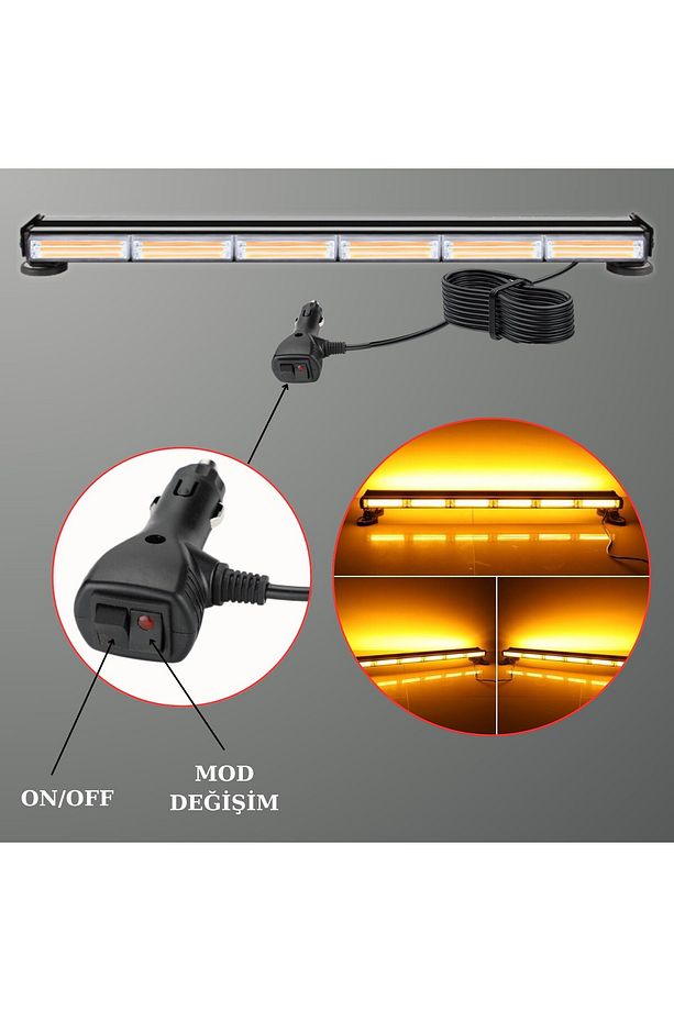 Çakarlı Mıknatıslı Tepe İkaz Lambası 90 Cm Turuncu Amber Çift Taraflı Led Bar 12 Mod 12-24 V - 5