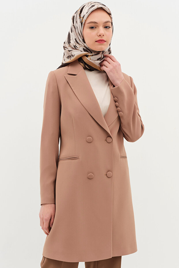 Kruvaze Düğmeli Uzun Basic Ceket - Camel - 3